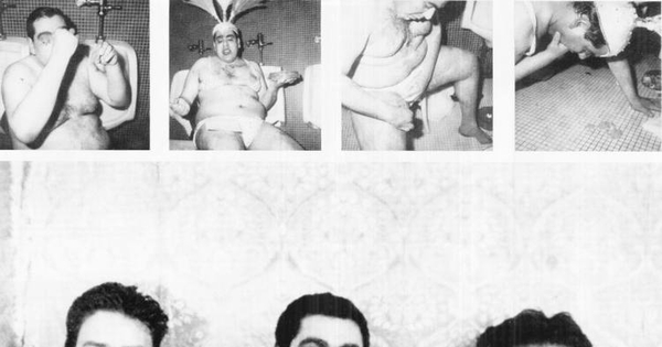 Los artistas Juan Domingo Dávila y Carlos Leppe y el boxeador Manuel Cárdenas en una performance realizada en la Bienal de París, 1982