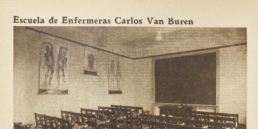 Sala de Clases, escuela de Enfermería Carlos Van Buren de Valparaíso, 1935. P.264En: de la Fuente, Rudesindo. "La escuela de enfermeras", Revista de Asistencia Social, IV, (3): 257-285, septiembre, 1935.
