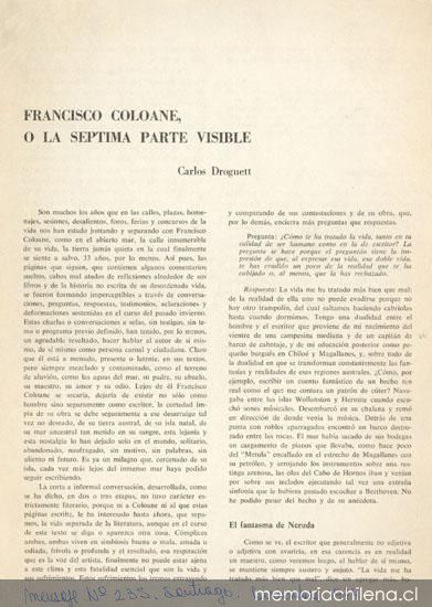 Francisco Coloane, o la séptima parte visible