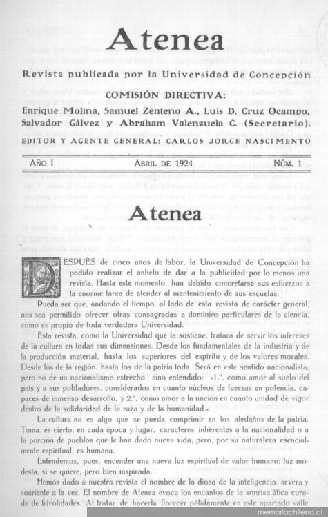 Atenea : Revista de Ciencias, Letras y Bellas Artes : N°1
