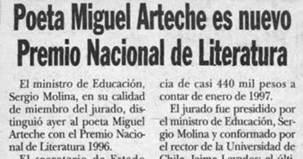 Poeta Miguel Arteche es nuevo Premio Nacional de Literatura