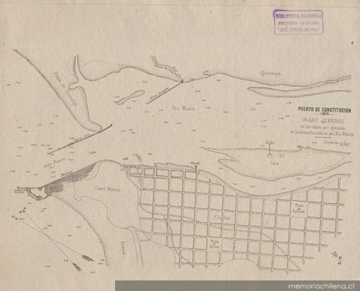 Puerto de Constitución : plano jeneral de las obras por ejecutar en la desembocadura del Rio Maule, 1877