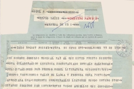 Telegrama de Romesh Chandra desde Helsinski, Finlandia a Pablo Neruda
