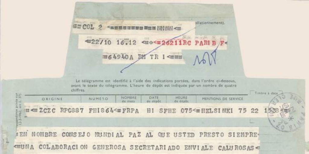 Telegrama de Romesh Chandra desde Helsinski, Finlandia a Pablo Neruda