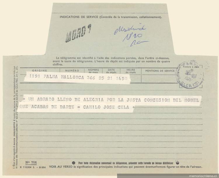 Telegrama de Camilo José Cela desde Palma de Mallorca, España a Pablo Neruda