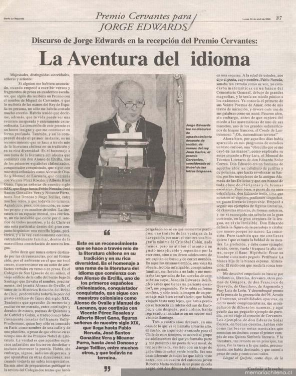 La aventura del idioma : discurso de Jorge Edwards en la recepción del Premio  Cervantes - Memoria Chilena, Biblioteca Nacional de Chile