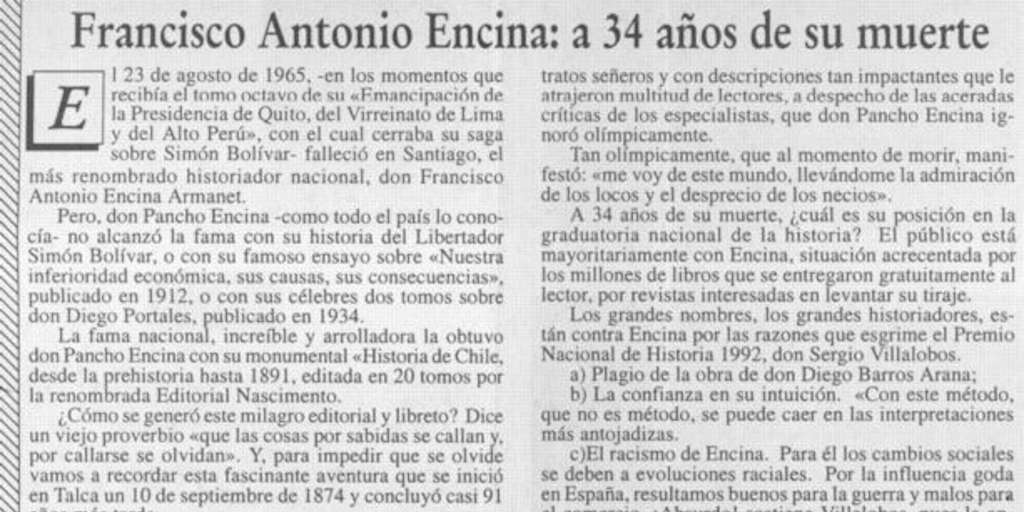 Francisco Antonio Encina, a 34 años de su muerte