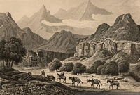 Comerciantes conduciendo recuas de mulas en la Cordillera de Antuco, hacia 1850
