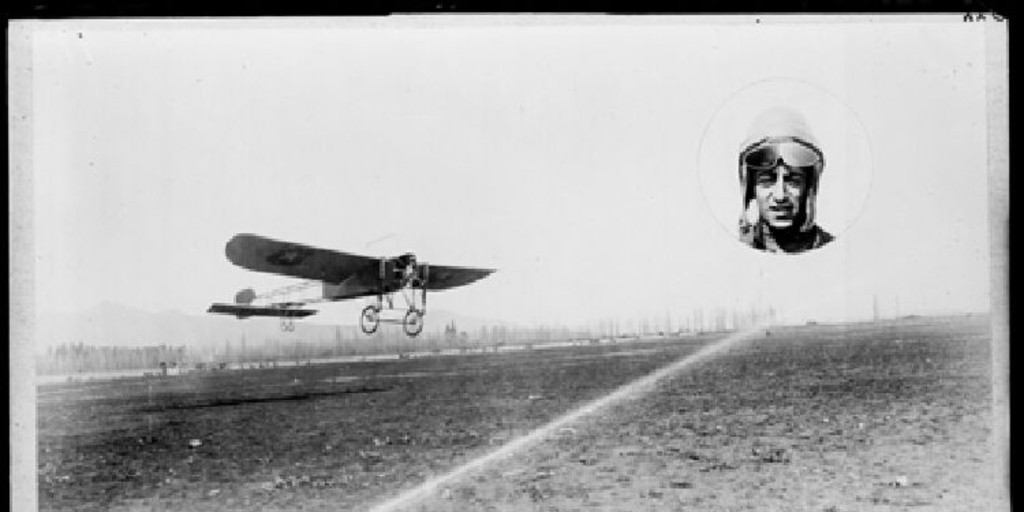 Arturo Urrutia, aviador y su avión sobre pista de aterrizaje, ca. 1910