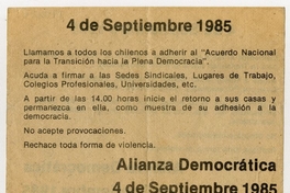 4 de septiembre 1985 : llamamos a todos los chilenos...