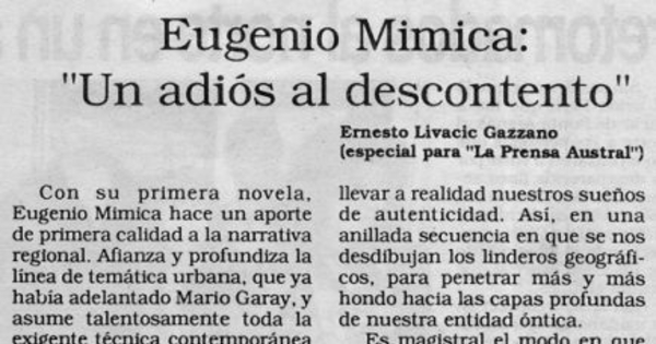 Eugenio Mimica : Un adiós al descontento