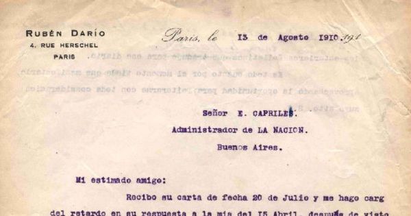[Carta], 1910 ago. 13 Paris, Francia <a> Enrique Caprile [manuscrito]