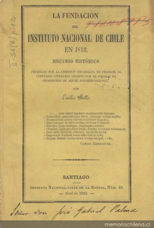 La fundación del Instituto Nacional de Chile en 1813 : discurso histórico