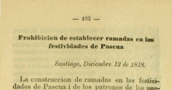 Prohibición de establecer ramadas en las festividades de Pascua: diciembre 12 de 1818