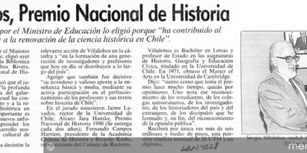 Villalobos, Premio Nacional de Historia