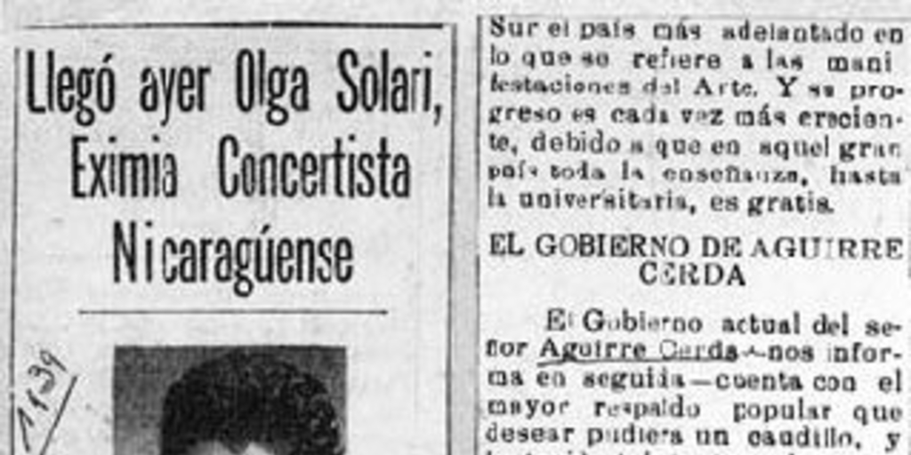 Llegó ayer Olga Solari, eximia concertista nicaragüense, en compañía de su hermana Malucha, danzarina clásica