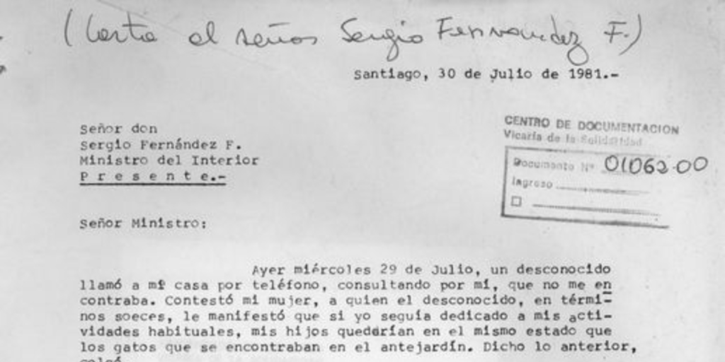 Carta al Ministro del Interior, Sergio Fernández F., Santiago 30 de julio de 1981