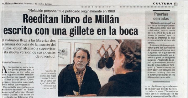 Reeditan libro de Millán escrito con una gilette en la boca : "Relación Personal" fue publicado originalmente en 1968