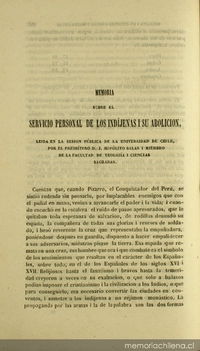 Memoria sobre el servicio personal de los indíjenas i su abolicion, leida en la sesion pública de la Universidad de Chile por el presbítero D. J. Hipólito Salas