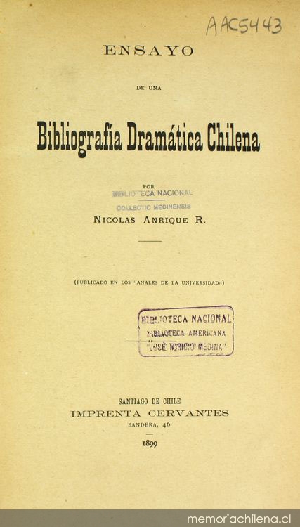 Portada de Ensayo de una bibliografía dramática chilena, 1899 - Memoria  Chilena, Biblioteca Nacional de Chile