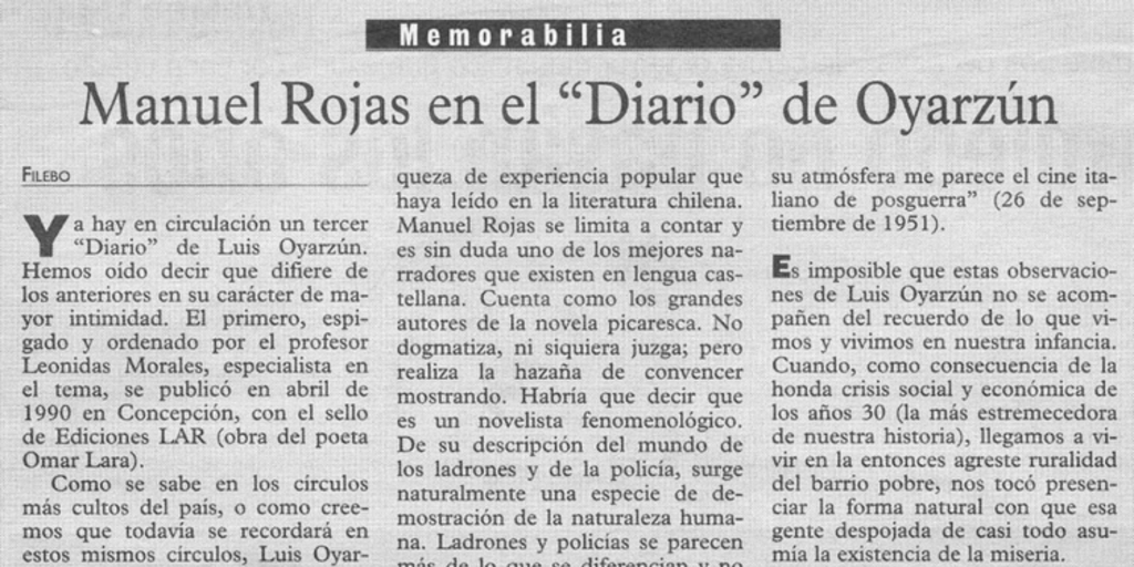 Manuel Rojas en el "Diario" de Oyarzún