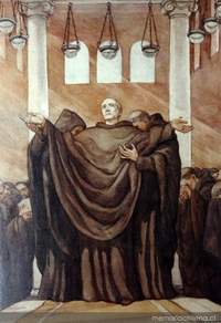 San Benito muere en el oratorio. Acuarelas de la vida de San Benito