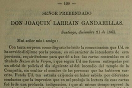 Señor prebendado don Joaquín Larraín Gandarillas. 21 de diciembre de 1863