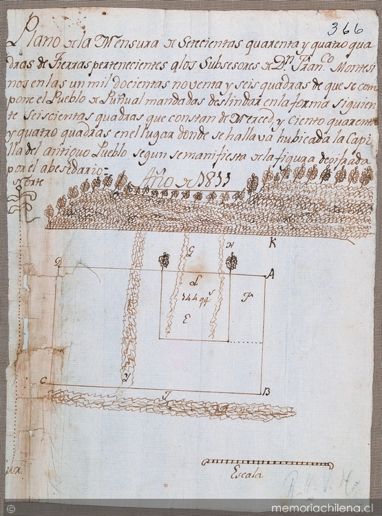 Plano de la mensura y setecientas quarenta y quatro cuadras de tierras pertenecientes a los subsesores de Don Juan Francisco Montesinos ..., 1811