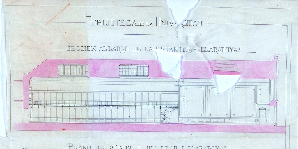 Biblioteca de la Universidad: sección de largo de estantarías y claraboyas, 1884