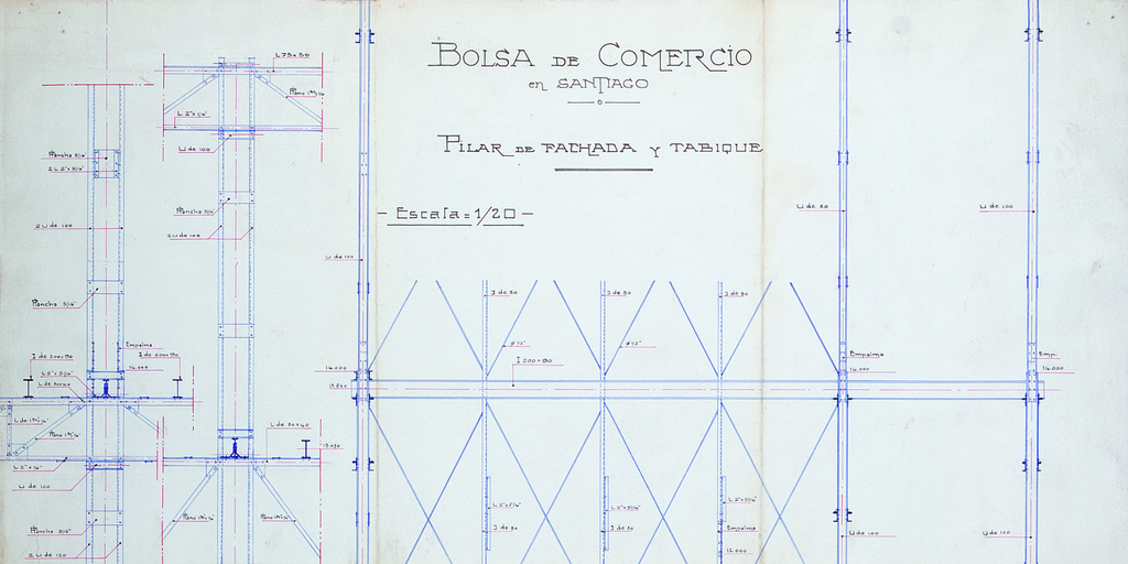 Bolsa de Comercio en Santiago: pilar de fachada y tabique, 1914