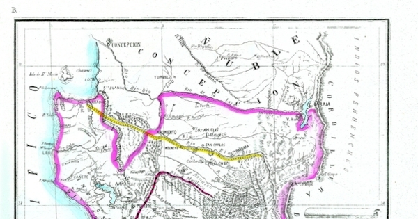 Plano de Arauco i Valdivia con la designacion de la antigua i nueva linea de frontera contra los indios, 1870