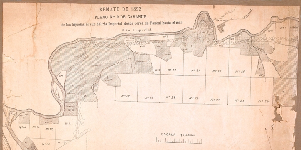Plano N°2 de Carahue [mapa] : de las hijuelas al sur del río Imperial desde cerca de Pancul hasta el mar : Remate de 1893