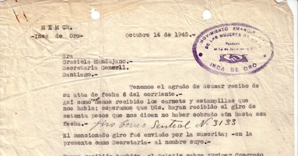 Correspondencia de la Secretaria General del Movimiento Pro-Emancipación de las Mujeres de Chile (MEMCH), Elena Caffarena, 1944
