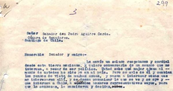 [Carta], 1922, oct. 3, México, <a> Pedro Aguirre Cerda, Chile