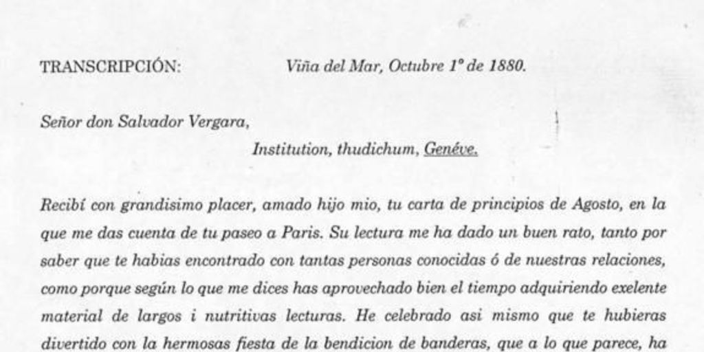 Carta, 1880 oct. 1, Viña del Mar a Salvador Vergara, Géneve